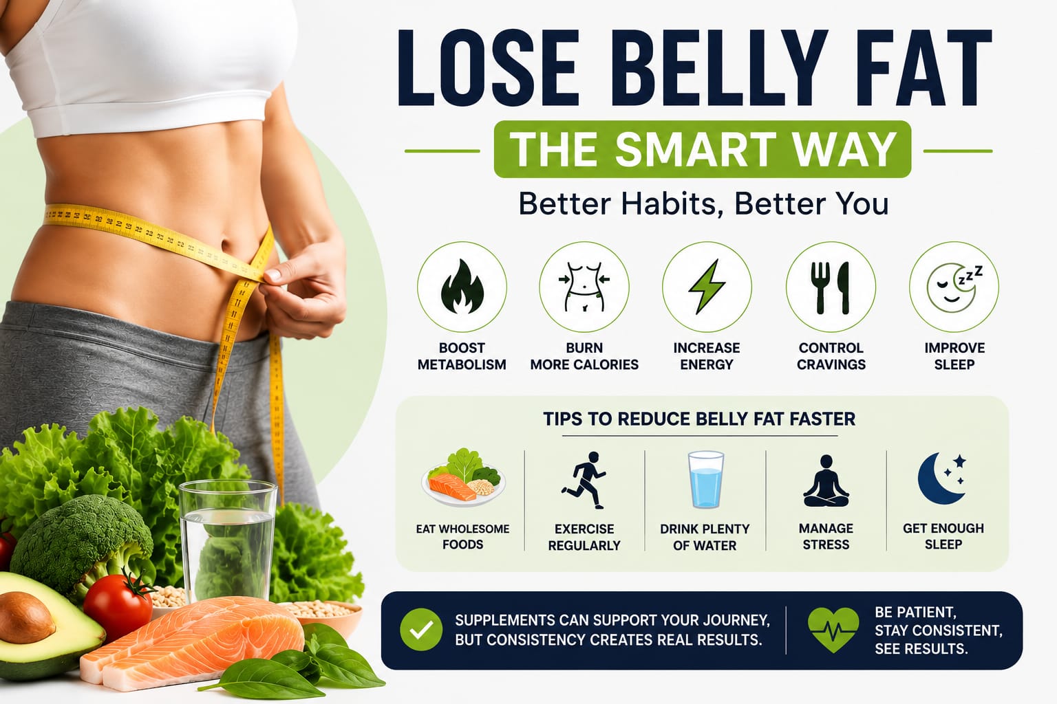 Informational belly fat loss infographic showing healthy foods, hydration, exercise, sleep, stress management, and metabolism-boosting habits for sustainable weight loss.