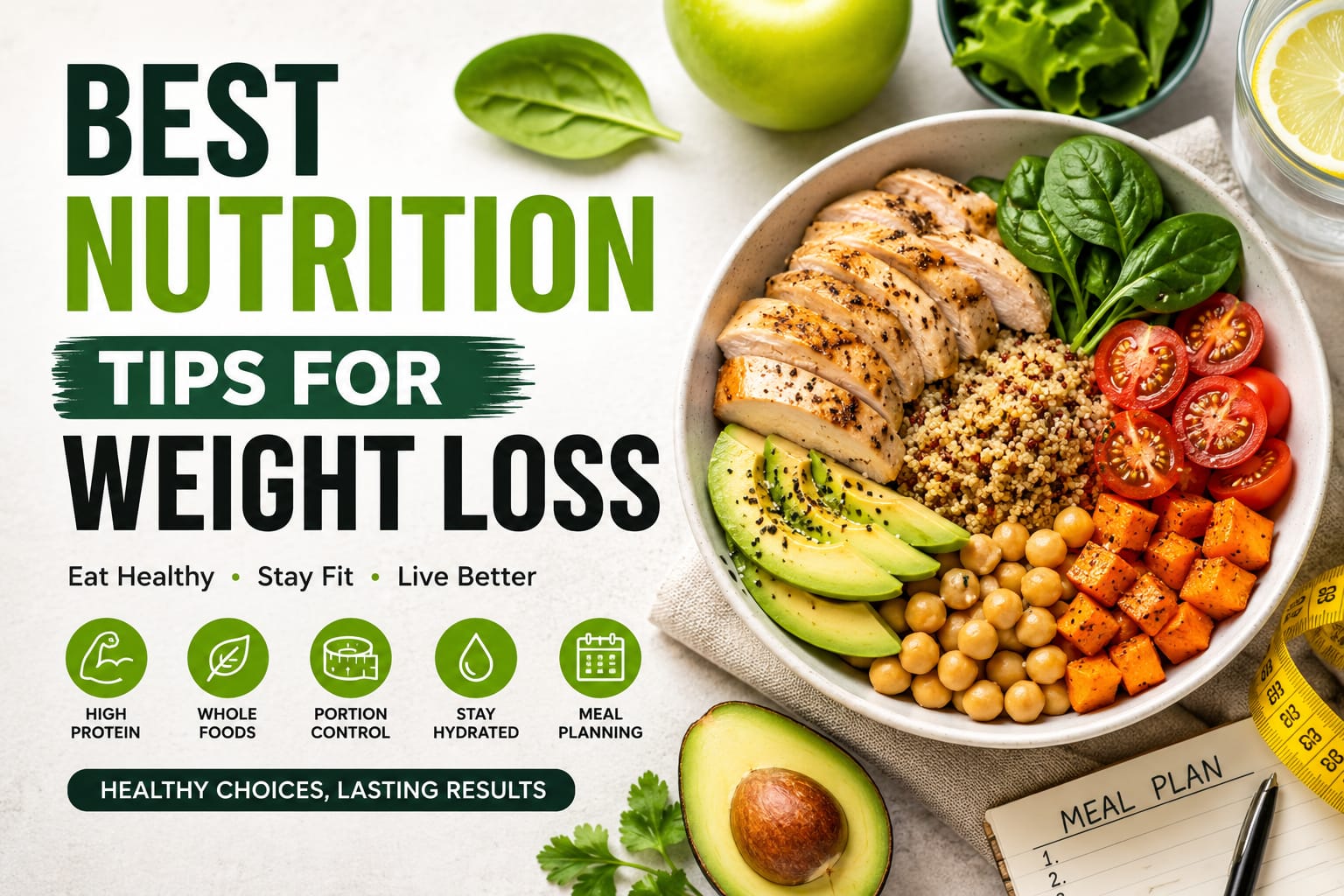 Healthy weight loss meal bowl with grilled chicken, avocado, chickpeas, quinoa, spinach, and vegetables showcasing the best nutrition tips for weight loss.