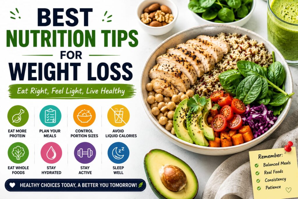 Infographic showing best nutrition tips for weight loss including high-protein foods, meal planning, portion control, hydration, whole foods, and a healthy balanced meal bowl.