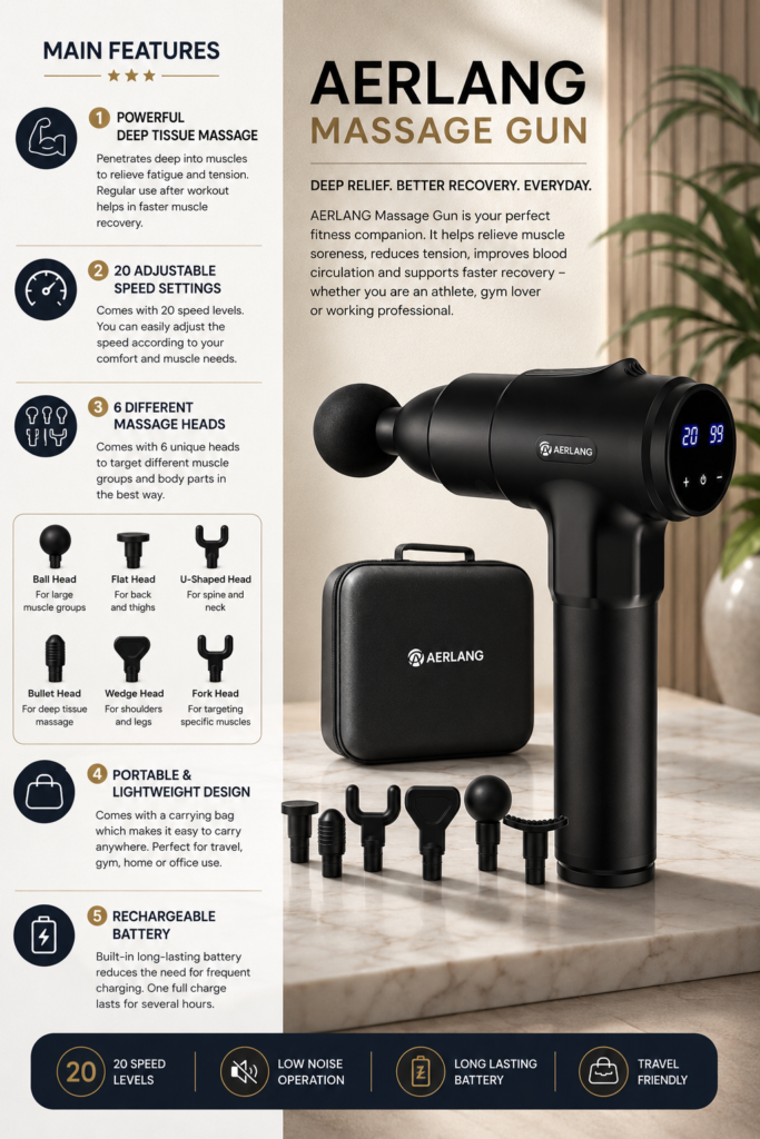 AERLANG deep tissue massage gun with 6 interchangeable massage heads, 20 speed levels, rechargeable battery, and portable carrying case for muscle recovery and pain relief.