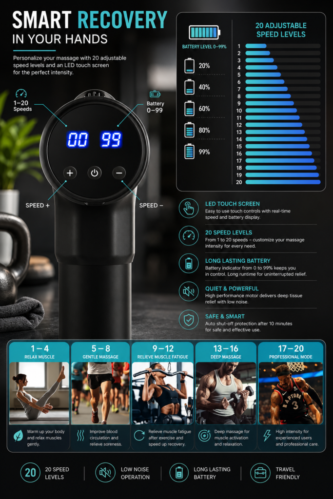 Smart recovery massage gun featuring LED touch screen, 20 adjustable speed levels, long-lasting battery, quiet operation, and deep tissue muscle recovery settings.